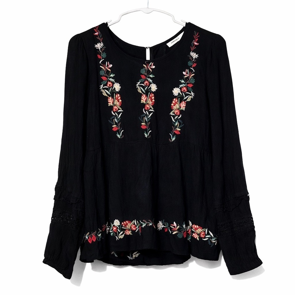 American Eagle Black Floral Embroidered Open Back Peasant Blouse Size Small